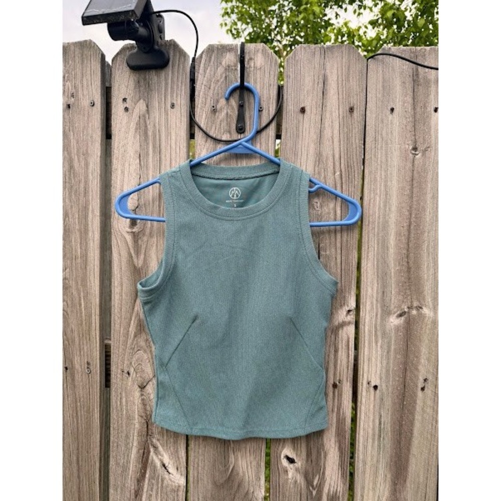 Move Theology Women Small Ribbed High Neck Crop Tank Top Green Activewear